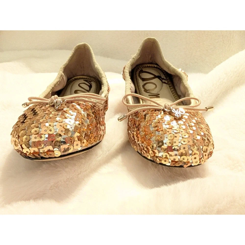 Sam Edelman Gold Sequin Ballet Flats Embellished Bow Sparkle Party Shoes Girls 2